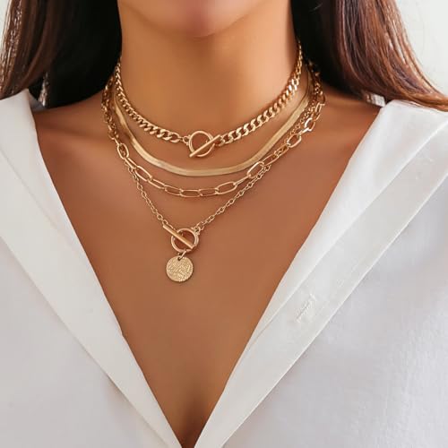 Otxas Layered Gold Necklaces for Women Non Tarnish Chunky Necklace | Stacked Necklaces for Women Heart Pendant Toggle Necklace Paperclip Chain Necklaces for Daily Wear, Party, Gift - style: Style 6