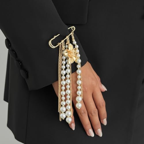 Gold Flower Pearl Tassel Brooch Pin for Women Elegant Pearl Chain Safety Pin Brooch Wedding Party Gift Dainty Elegant Lapel Pins Dress Suit Clothes Accessories - color: Gold