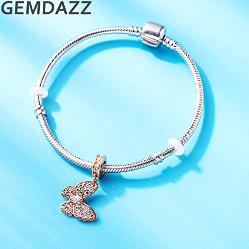 GEMDAZZ 925 Sterling Silver Valentines Day Charms Heart Charms, I Love You to The Moon and Back Pendant, Cupid Arrow and 4 Leaf Clover Beads fit European Bracelets, Gift for Lover/Wife/Girls - color: Rose Gold Sparkling Butterfly Charm