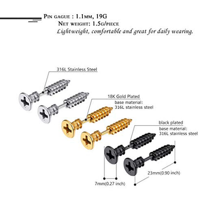 PROSTEEL Stainless Steel Huggie Hoop Earrings for Mens Gold/Black/Silver | Skull/Infinity Pattern, Spike/Cuban Links 4 Design Options Hypoallergenic Lightweight Earring Hip Hop Punk Gothic Jewelry - style: Screw(3 Pairs)
