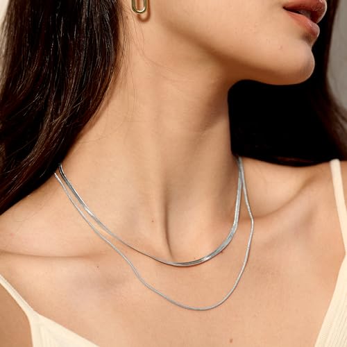 Tewiky Layered Necklaces for Women 14k Gold Plated Chain Necklace Set | Chunky Herringbone/Snake/Rope/Box/Cuban Link Chain for Women, Layering Stack Choker Necklace, Dainty Jewelry Set Non Tarnish - color: Layered Herringbone Silver