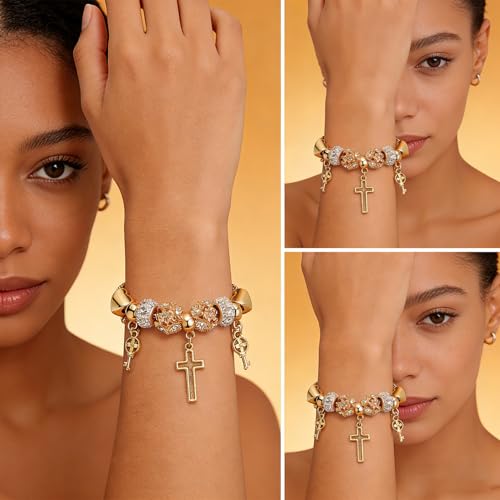 Gold Charm Bracelet for Women, Adjustable Cross Bracelet with Heart Charms & Bling Beads, Cute Dainty Jewelry Gift for Her