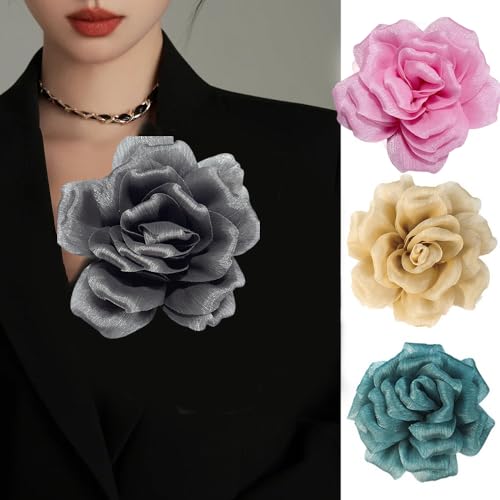 Flash Camellia Flower Brooch Pin for Women Men Elegant Texture Fabric Dahlia Rose Floral Brooches Lapel Pins Dainty Wedding Holiday Party Costume Dress Accessories Jewelry - color: Grey