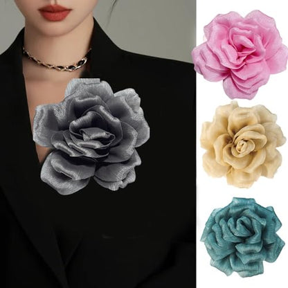 Flash Camellia Flower Brooch Pin for Women Men Elegant Texture Fabric Dahlia Rose Floral Brooches Lapel Pins Dainty Wedding Holiday Party Costume Dress Accessories Jewelry - color: Grey