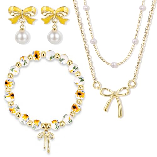 Bow Bracelet Necklace Earring Set for Women 14K Gold Plated Dainty Bow Necklace Flower Trendy Beaded Charm Bracelet Cute Pearl Drop Dangle Earrings Love Romantic Jewelry Gifts - color: yellow