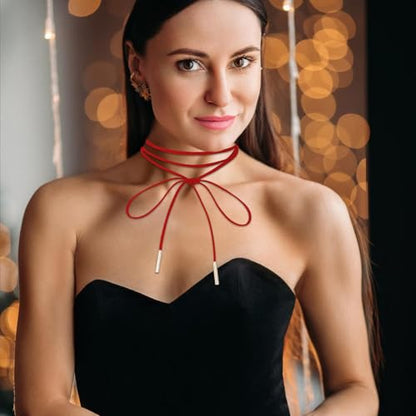 Red Choker Necklace Gothic Bow knot Choker for Women Velvet Long Wrap Rope Collar Tie Neck Chain with Gold Tube Ribbon Suede Jewelry for Party Prom
