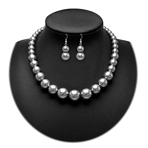 Cryshimmer Pearl Choker Necklace for Women Faux Pearl Beads Strand Necklace Earring Set Costume Jewelry,Gift for Wife Mother - color: Gray