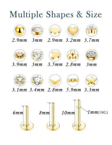 Threadless Push in Nose Studs Rings Stainless Steel Flat Back Earrings Labret Monroe Lip Rings for Women Men Cartilage Helix Conch Tragus Piercing Jewelry 6mm 8mm 10mm Silver Gold Tone - color: Gold, size: 18G(1mm)