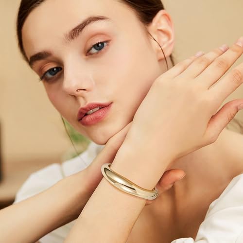 NICEIGHT 18K Gold Plated Chunky Bangle Bracelets for Women Gold Wide Cuff Bangle Bracelet Hammered Minimalist Thick Gold Wrist Wrap Bracelets - color: Gold Bold Bracelet