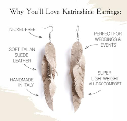 Leather Feather Earrings, Suede layered earrings, boho wedding jewelry, summer earrings, gift for her, dangle earrings - color: cream