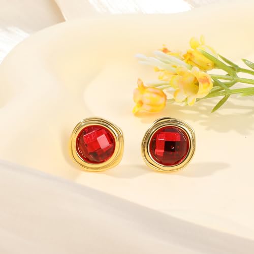 Gold Irregular Round Stud Earrings for Women 14K Gold Plated Crystal Rhinestone Stud Earrings Cubic Zirconia Statement Earrings Trendy Party Jewelry Gift for Women, Vintage Red Gemstone & Transparent