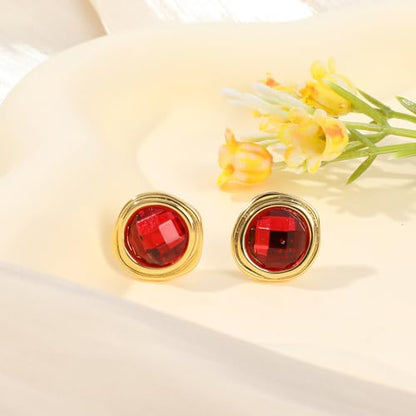 Gold Irregular Round Stud Earrings for Women 14K Gold Plated Crystal Rhinestone Stud Earrings Cubic Zirconia Statement Earrings Trendy Party Jewelry Gift for Women, Vintage Red Gemstone & Transparent