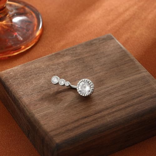 Clicker Belly Button Rings for Women Dangle Belly Rings Cute CZ Opal Reverse Navel Rings Body Piercing Jewelry for Women 14G Silver Gold Tone - style: Round,SL