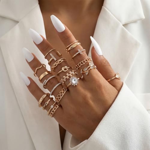 42-Piece Gold Tone Stackable Ring Set for Women, Boho Minimalist Stacking Rings with Crystal & Heart Accents, Adjustable Open Band Jewelry for Daily Wear - style: TZJ-003350-01
