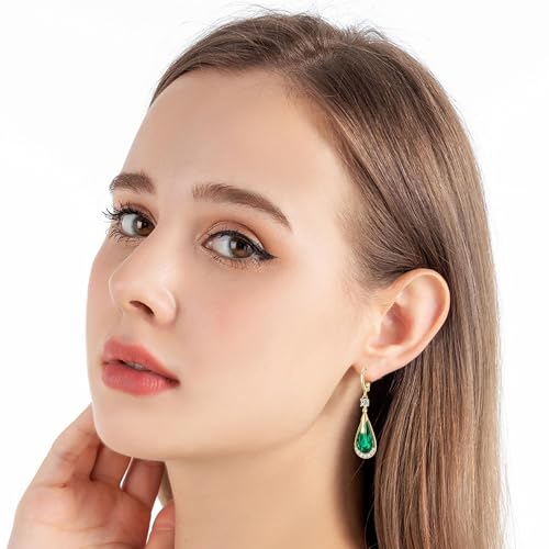 Trendy Austrian Crystal Teardrop Drop Huggie Dangle Earrings for Women 14k Rose Gold Plated Hypoallergenic Jewelry Gifts - color: Fern Green