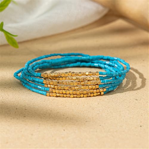 Boho Stackable Seed Beaded Bracelet Set for Women Colorful Multilayered Gold Beads Stretch Bracelets Summer Beach Bohemian Jewelry Gift - color: Blue