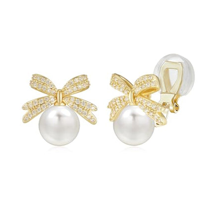 YOQUCOL Golden Bow Clip On Stub,Danle Drop Earrings for Women Simulated Pearl Christmas Xmas Bowknot Non Pierced Earrings - color: Stud Clip-03
