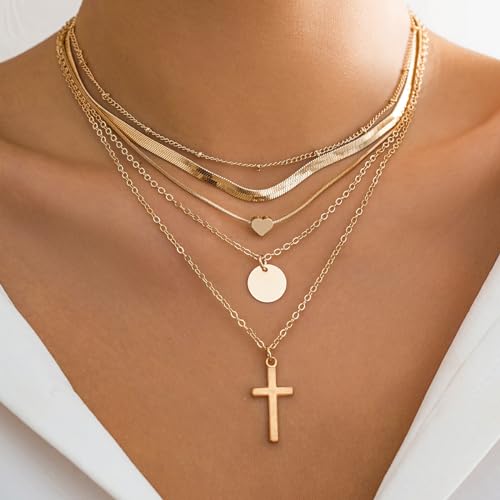 CSIYANJRY99 Layered Gold Necklaces for Women Chunky Gold Necklace Stack Layered Cuban Paperclip Snake Chain Necklace Retro Coin Dainty Pendant Toggle Clasp Necklace - style: Gold Cross Disc