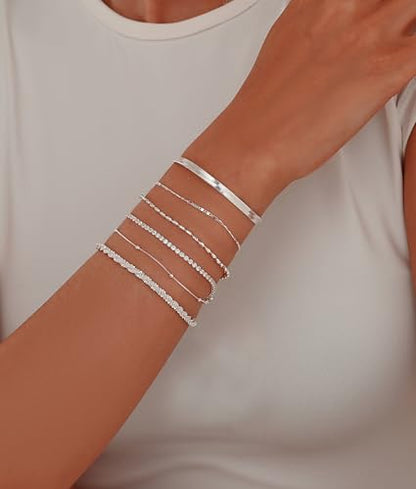 Gold Bracelets for Women 14K Gold Plated Stack Trend Bracelets Charm Paperclip Chain Cuban Link Layered Waterproof Bracelet Dainty Bracelet for Women Jewelry Gifts - color: Silver 6Pcs