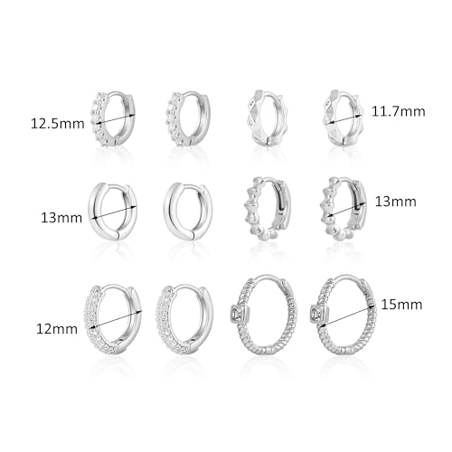 Wgoud Small Gold Hoop Earrings Set for Women, 6 Pairs 14K Gold Plated Hypoallergenic Lightweight Huggie Hoops Earrings, Trendy Cartilage Cubic Zirconia Earrings for Women Gifts. - color: B-Silver