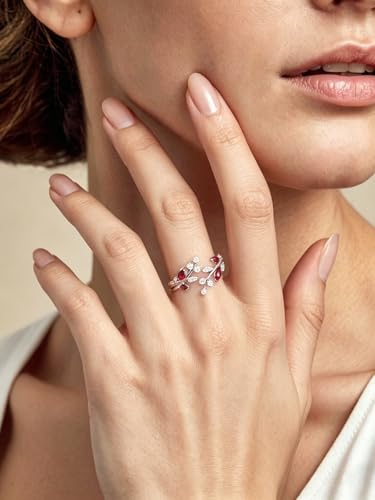 Silver Leaf Ring for Women 925 Sterling Silver Yellow Gold Plated CZ Inlaid Marquise Sapphire/Ruby/Emerald Cocktail Rings Size 6 to 10 - color: Ruby - Silver