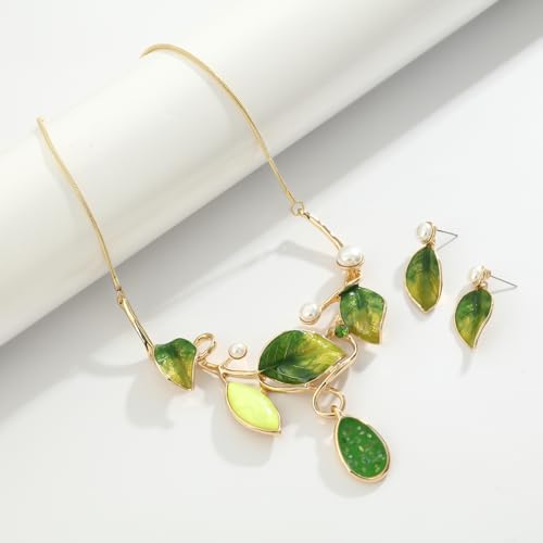Vintage Statement Jewelry Set - Chunky Flower Floral Plant Geometric Resin Bib Necklace Earring Set Bohemian Boho Crystal Rhinestone Fashion Jewelry for Women Bridal Party Prom Unique Gift - style: MLJS2609-Green