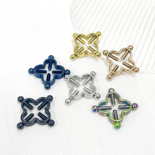 2Pcs Four Leaf Clover Non-Piercing Nipple Rings Stainless Steel Fake Nipple Rings Shield Barbell Ring Nipple Piercing Summer Beach Faux Body Jewelry for Women - color: Colorful