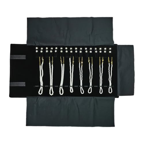 Travel Necklace Organizer, Portable Velvet Jewelry Case,16 Slots | Removable Snap, Foldable, Chains Bracelets Storage Jewelry Roll Bag, Space-Saving,Gift for Women Girls BFF,Black with elastic