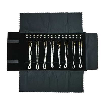 Travel Necklace Organizer, Portable Velvet Jewelry Case,16 Slots | Removable Snap, Foldable, Chains Bracelets Storage Jewelry Roll Bag, Space-Saving,Gift for Women Girls BFF,Black with elastic