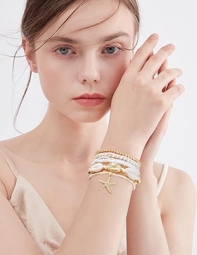 LALAPPLE Shell Bracelet Boho Beaded Stretch Bracelets for Women Seashell Strand Bracelets Starfish Charm Jewelry Summer Beach Jewelry Stackable Crystal Gold Plated Beads Bracelet for Women - style: Style4