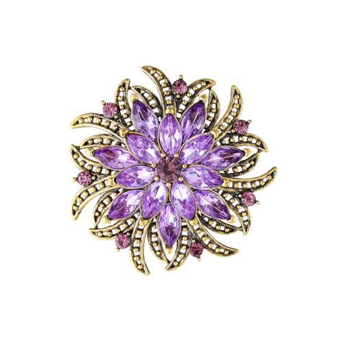 Rhinestone Crystal Flower Brooch Pin for Women,Vintage Multicolor Crystal Floral Lapel Pins Statement Sunflower Brooch Fashion Bride Formal Dress Jewelry - color: Purple1