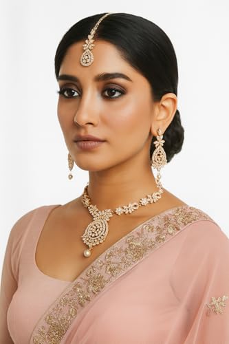 Touchstone Indian jewelry sets for women maang tikka wedding guest gold necklace bollywood jewellery set pageant elegant prom bride accessories western crystal chunky rhinestone necklaces - color: Pearl in gold plating pearl drop