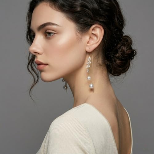14K Gold Plated CZ Flower Dangle Earrings for Women, Sparkly Cubic Zirconia Long Tassel Drop Earrings, Bridal Wedding Jewelry - color: F:Leaf Pearl Earrings