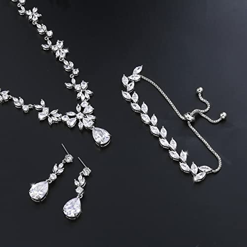 Bridal Wedding Jewelry CZ Set Marquise Teardrop Cubic Zirconia Pendant Necklace and Dangle Earring Bracelet Sets for Women - color: White Gold plated