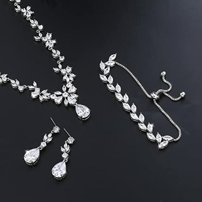 Bridal Wedding Jewelry CZ Set Marquise Teardrop Cubic Zirconia Pendant Necklace and Dangle Earring Bracelet Sets for Women - color: White Gold plated