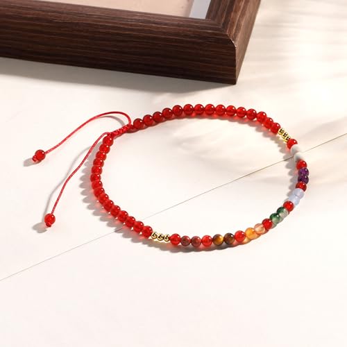 Colorful 7 Chakra Gemstones Beaded Anklet for Women Foot Jewelry | Adjustable 8.5-10 in, Ankle Bracelets for Women, Handmade, Positive Energy, Balance, Yoga, Meditation, Beach, Party, Vacation - style: Red Agate