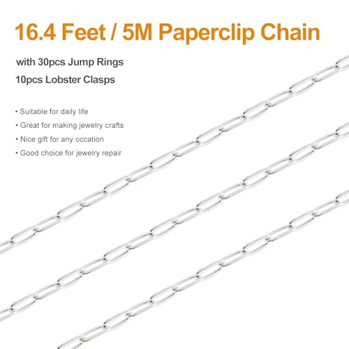 Kyutong Stainless Steel Jewelry Making Chains Bulk Silver Paperclip Chain | 16.4FT/5M Necklace Making Supplies 3MM Paperclip Chains for Jewelry Making with Lobster Claw Clasps Jump Rings - color: silver paperclip