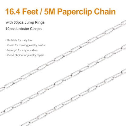Kyutong Stainless Steel Jewelry Making Chains Bulk Silver Paperclip Chain | 16.4FT/5M Necklace Making Supplies 3MM Paperclip Chains for Jewelry Making with Lobster Claw Clasps Jump Rings - color: silver paperclip