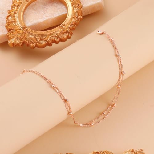 Kenivira 925 Sterling Silver Ankle Bracelets For Women Dainty Layered Waterproof 18K Gold Plated Anklets For Women Beach Adjustable Anklet Foot Jewellery - color: rose gold-bead