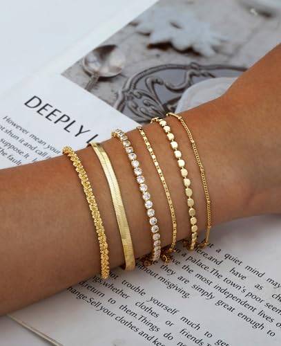 Gold Bracelets for Women 14K Gold Plated Stack Trend Bracelets Charm Paperclip Chain Cuban Link Layered Waterproof Bracelet Dainty Bracelet for Women Jewelry Gifts - color: Gold 6Pcs