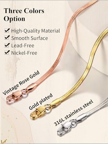 ChainsHouse Flat Snake Chain Herringbone Choker Necklace for Women, Stainless Steel/Rose Gold/18K Gold Plated Dainty Adjustable Simple Short Layered Necklaces, 12"/15"/18" with 3.5" Extender - color: a. stainless-3mm