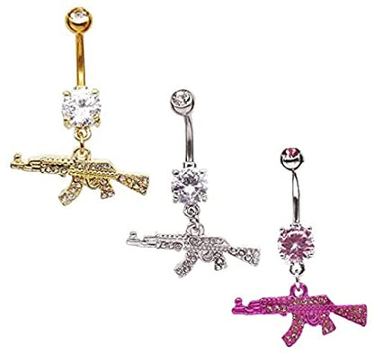 Fashion Dangle Navel Ring Clear Gem Gun Belly Button Ring Body Piercing Jewelry for Women Belly Piercing - color: silver