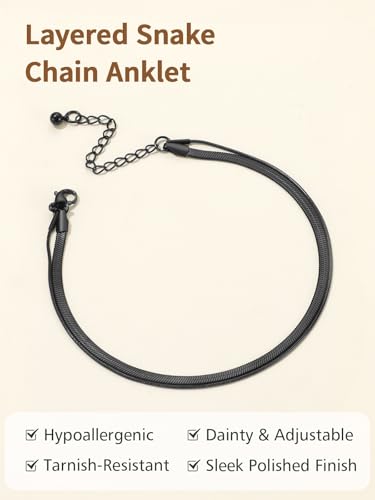 FindChic Ankle Bracelets for Women, Silver/Black/Gold Plated Layered Stainless Steel Anklets, Non-Tarnish Adjustable Waterproof Trendy Foot Jewelry for Beach Summer - style: Layered Snake Chain-Black