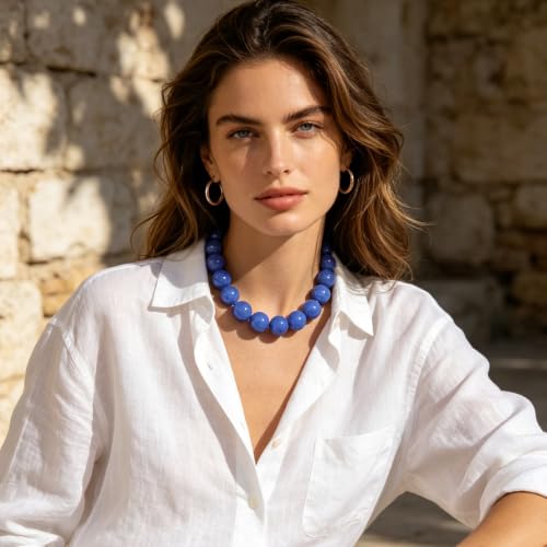 Chunky Beaded Necklace for Women Trendy Boho Collar Statement Necklace Large Round Resin Beads Choker Necklaces Summer Beach Jewelry Gifts - color: Royal Blue