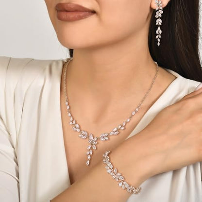 Crysdue Wedding Jewelry Set for Brides Bridesmaid, Cubic Zirconia Teardrop Marquise Leaf Cluster Pendant Necklace Bridal Tennis Bracelet Drop Earrings for Women Party Prom - style: C- Marquise CZ-silver