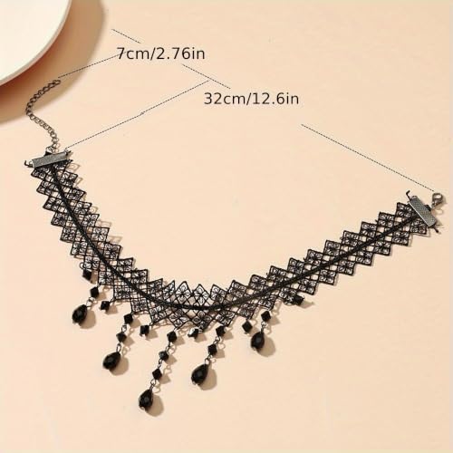 Black Lace Choker Necklace with Dangle Teardrop Crystals, Rhombus Lace Design for Gothic Outfit, Evening Prom, Daily Wear - color: Black