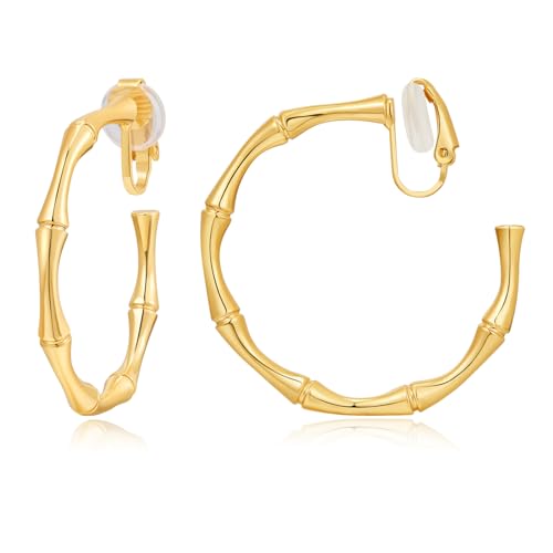 WOWORAMA Chunky Gold Hoop Clip On Earrings for Women | Large Chunky Hoops Clips Earrings, Polished Gold-Plated Clip-On Hoops, Statement Non Pierced Jewelry - color: 40mm Large Hoops