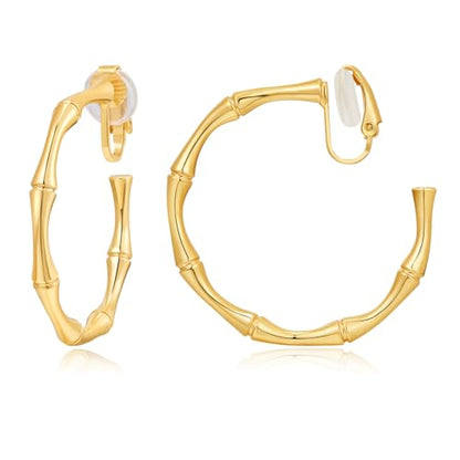 WOWORAMA Chunky Gold Hoop Clip On Earrings for Women | Large Chunky Hoops Clips Earrings, Polished Gold-Plated Clip-On Hoops, Statement Non Pierced Jewelry - color: 40mm Large Hoops