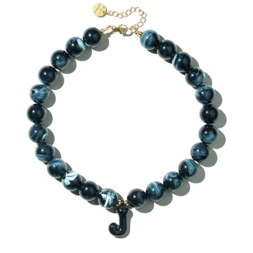 DoDoBeads Chunky Colorful Beaded Initial Necklace, Bubble Letter Choker | Gift box and dust pouch included; waterproof and sweat-resistant with real gold plated stainless steel hardware - color: Black-J