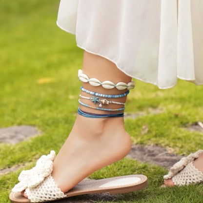 Beaded Anklet Bracelets For Women Waterproof Gold Anklets Jewelry Set Stack | non tarnish free pearl puka seashell beach boho stretchy anklet for summer dainty and tewiky gold plated - color: Blue Jewelry